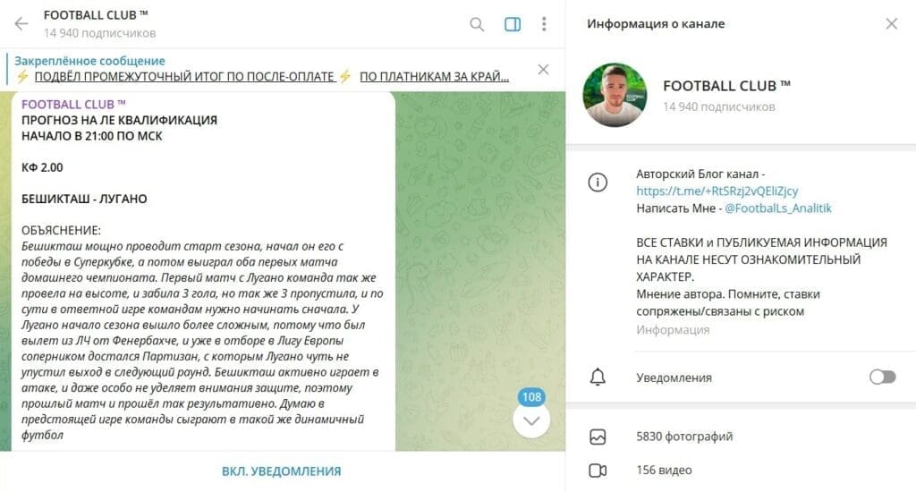 Телеграм канал FOOTBALL CLUB — отзывы и честная проверка