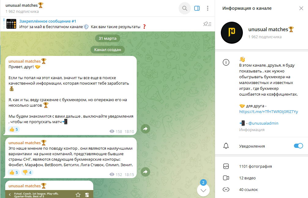 Телеграм канал unusual matches детальный обзор, отзывы о прогнозах автора