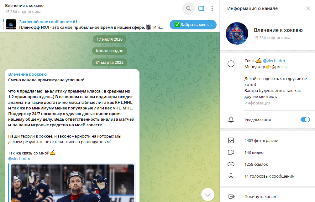 Телеграм канал Влечение к хоккею полный обзор, честные отзывы подписчиков